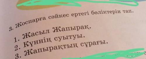 1 3. Жоспарға сәйкес ертегі бөліктерін тап.1. Жасыл жапырақ.2. Күннің суытуы.3. Жапырақтың сұрағы. (