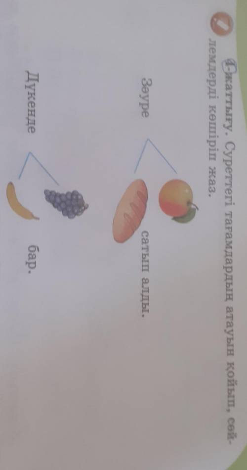 1-жаттығу. Суреттегі тағамдардың атауын қойып, сөйлемдерді көшіріп жаз.Зәуресатып алды.Дүкендебар.• 