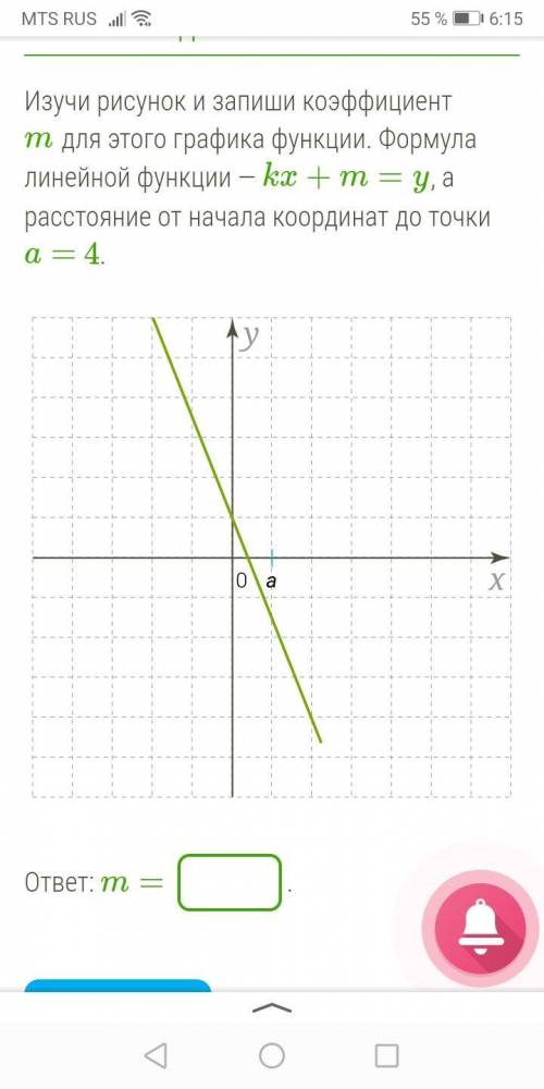 Изучи рисунок и запиши коэффициент m для этого графика функции. Формула линейной функции — kx+m=y, а