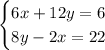 \begin{cases} 6x+12y=6 \\ 8y-2x=22 \end{cases}