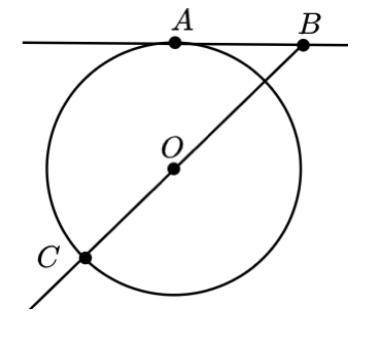 На рисунке AB – касательная, BC – секущая, AB = AO. Найди ∠ABO.