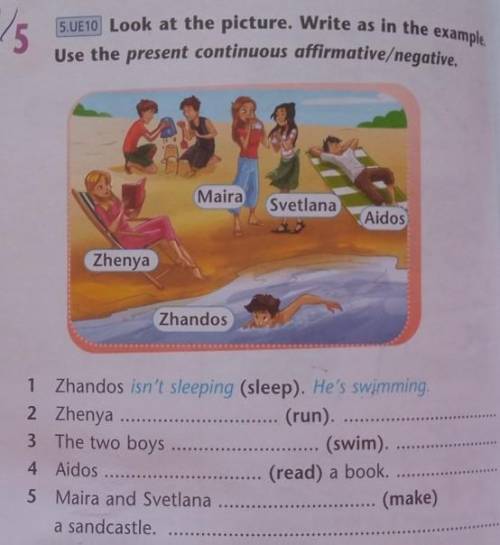 5.UE10 Look at the picture. Write as in the example, Use the present continuous affirmative/negative