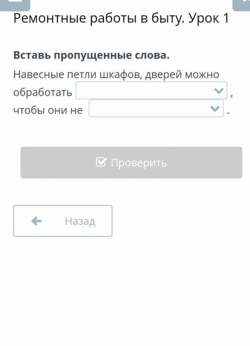 Ремонтные работы в быту. Урок 1 Вставь пропущенные слова.Навесные петли шкафов, дверей можно обработ