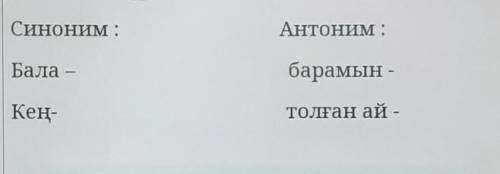 Өлеңнен синоним мен антонимдерді тауып, жаз.Сөйлем құр.Синоним :Антоним :Бала -барамын -Кең-Толған а