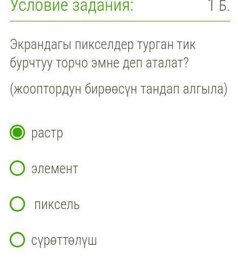 Как называется прямоугольная сетка пикселей на экране? (Выберите один из ответов) растр элемент пикс