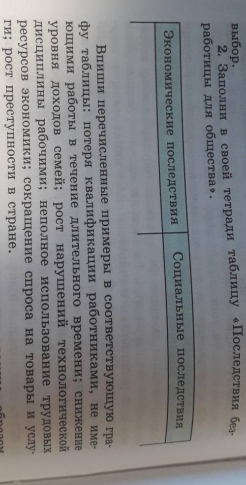 Заполни в своей тетрали таблицу последствия безработицы для общества​