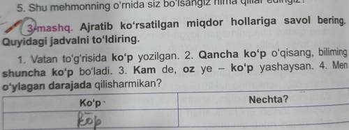 3 mashq. Ajratib koʻrsatilgan miqdor hollariga savol bering. Quyidagi jadvalni toʻldiring.1. Vatan t