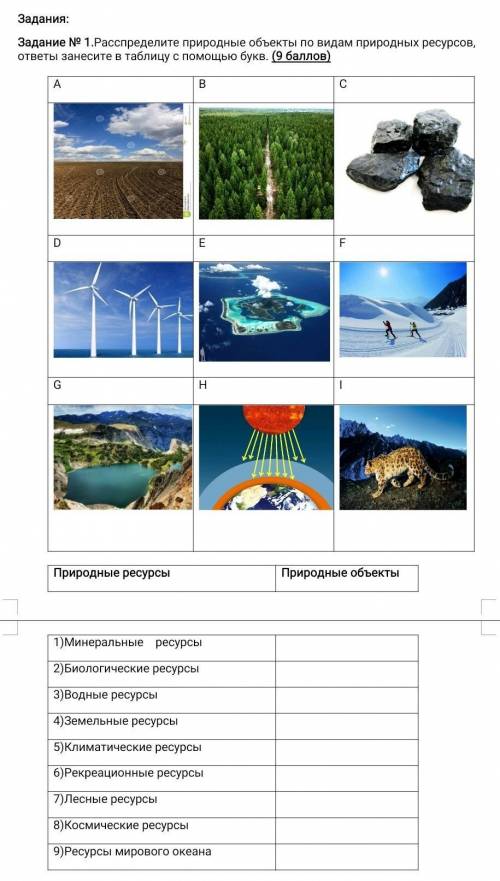 Задания: Задание № 1.Расспределите природные объекты по видам природных ресурсов, ответы занесите в 