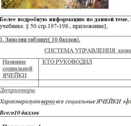 1. Заполни таблицу( ). СИСТЕМА УПРАВЛЕНИЯ казахского обществаНазвание социальной ЯЧЕЙКИ КТО РУКОВОДИ