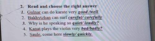 2. Read and choose the right answer 1. Gulnar can do karate very good /well2. Bakhytzhan can surf ca