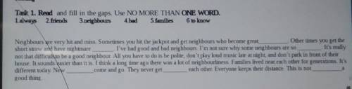 Task 1. Read and fill in the gaps. Use NO MORE THAN ONE WORD. 1 always 2 friends 3. neighbours 4.bad