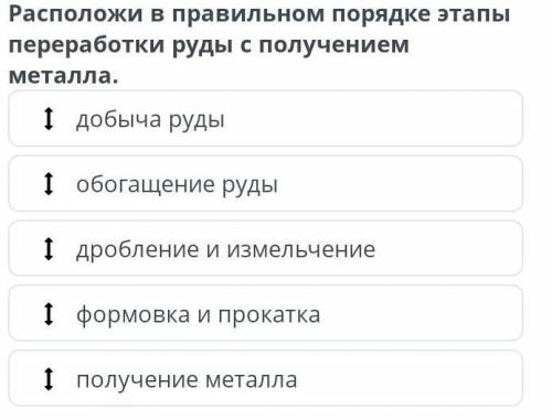 Процесс переработки руды Расположи в правильном порядке этапы переработки руды с получением металла​