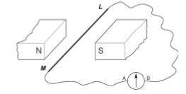 На рисунке показано, как медный стержень помещается между полюсами N и S постоянного магнита. ML под