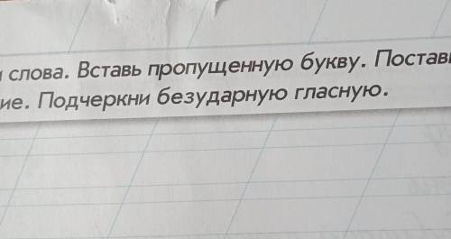 4. Запиши слова. Вставь пропущенную букву. Поставьударение. Подчеркни безударную гласную.​