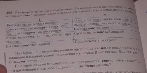 399. Рассмотрите таблицу с предложениями. В каких случаях в глаголах пишется -ите, ав каких - -ете? 