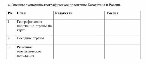 4. Оцените экономико-географическое положение Казахстана и России. Р/с План Казакстан Россия1 Геогра