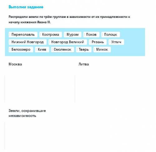 Распредели Земли по трём группам в зависимости от их принадлежности к началу княжения Ивана III