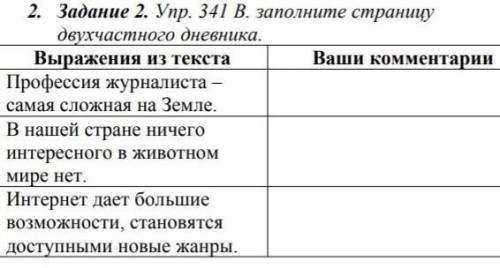 Задание 2. Упр. 341 В. заполните страницу двухчастного дневника.Выражения из текстаПрофессия журнали