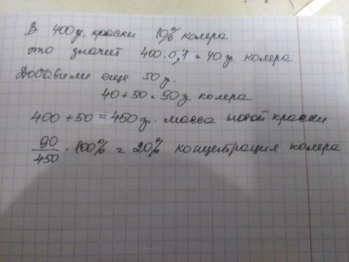 Женя приготовил 400 г краски мятного цвета, смешав основу и колер, причём концентрация колера в гото