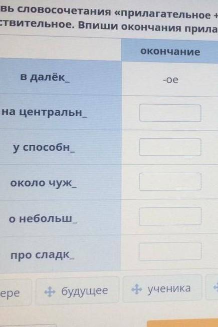 Составь словосочетания «прилагательное + существительное». Перетащи нужн существительное. Впиши окон