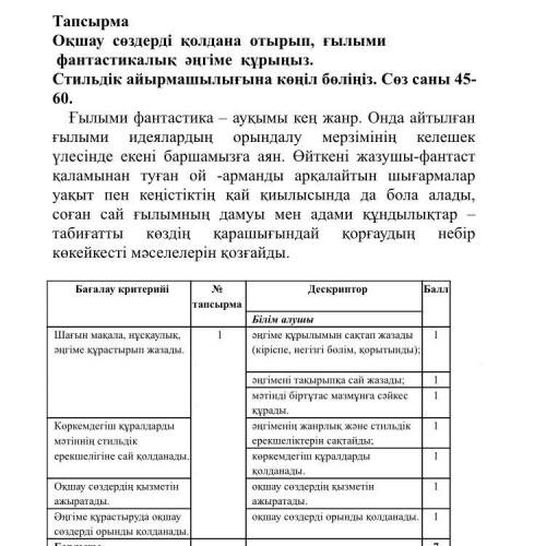 Тапсырма Оқшау сөздерді қолдана отырып, ғылыми фантастикалық әңгіме құрыңыз. Стильдік айырмашылығына