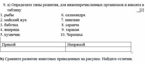 . a) Определите типы развития, для нижеперечисленных организмов и внесите в таблицу [2] 1. рыбы 6. с