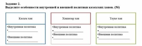 Задание 2. Выделите особенности внутренней и внешней политики казахских ханов. (5б)​