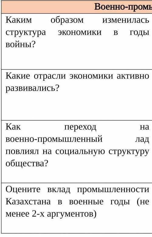 Заполните таблицу по тексту ОЧЕНЬ Казахстан стал крупнейшим военным арсеналом СССР в годы Великой От