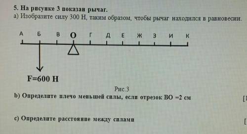 На рисунке 3 показан рычаг. а) Изобразите силу 300 H, таким образом, чтобы рычаг находился в равнове