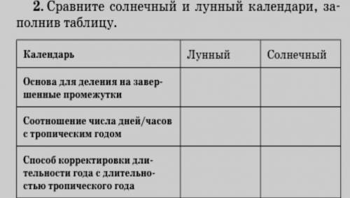 Сравните солнечный и лунный календари, заполнив таблицу