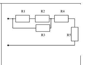 В цепи R1=1 Ом, R2=1 Ом, R3=2 Ом, R4=6 Ом, R5=10 Ом. Рассчитайте эквивалентное сопротивление. Найдит