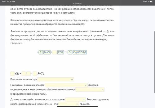 Если поместить раскалённую железную проволоку в сосуд, заполненный хлором начинается бурное взаимоде