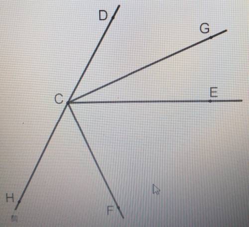 Угол HCD развёрнутый. CG — биссектриса угла DCE,СЕ — биссектриса угла FCD.Вычисли углы GCE, FCD и HC