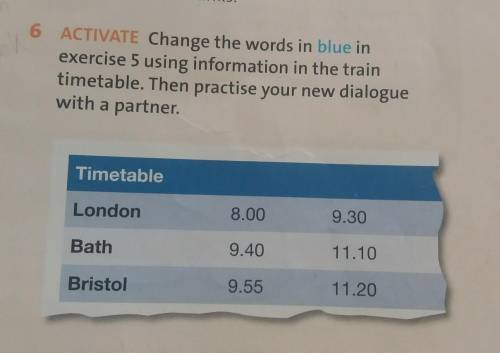 6 ACTIVATE Change the words in blue in exercise 5 using information in the traintimetable. Then prac