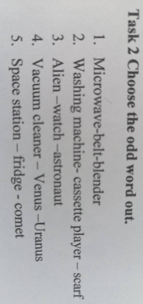 Task 2 Choose the odd word out. 1. Microwave-belt-blender2. Washing machine- cassette player – scarf