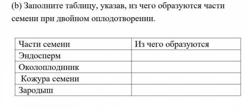 Заполните таблицу, указав, из чего образуются части семени при двойном оплодотворении. Части семени