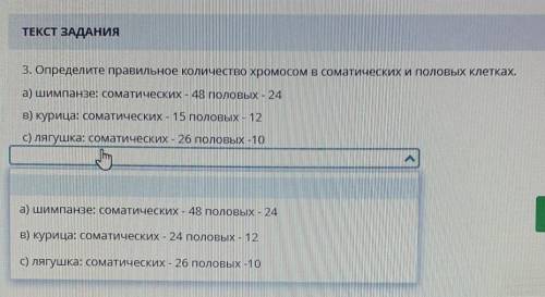 3. Определите правильное количество хромосом в соматических и половыхклетках.а) шимпанзе: соматическ