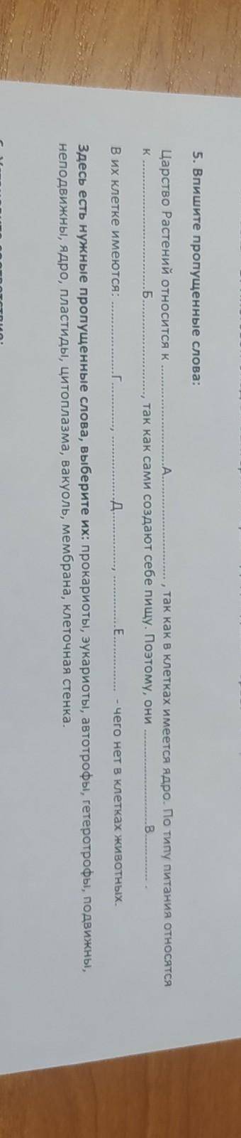 5. Впишите пропущенные слова: Царство Растений относится кк... , так как в клетках имеется ядро. По