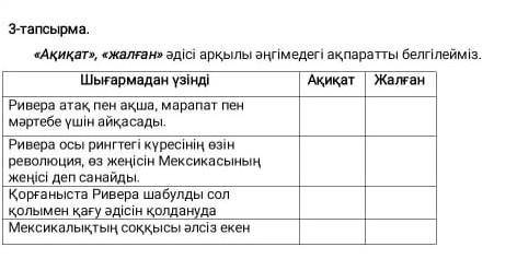 3 - тапсырма . « Ақиқат » , « жалған » әдісі арқылы аңгімедегі ақпаратты белгілейміз . Шығармадан үз