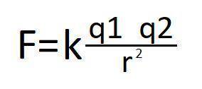 Закон Кулона можно записать в виде F=k*q1*q2/r^2, где F - сила взаимодействия зарядов (в ньютонах),
