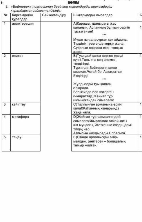 Бәйтерек» поэмасынан берілген мысалдарды көркемдегіш құралдармен сәйкестендіріңіз. Жылдам тауып бері