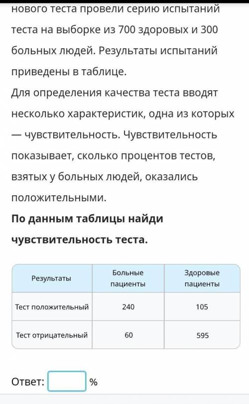 По данным таблицы найди чувствительность теста. (я не знаю как её находить) ​