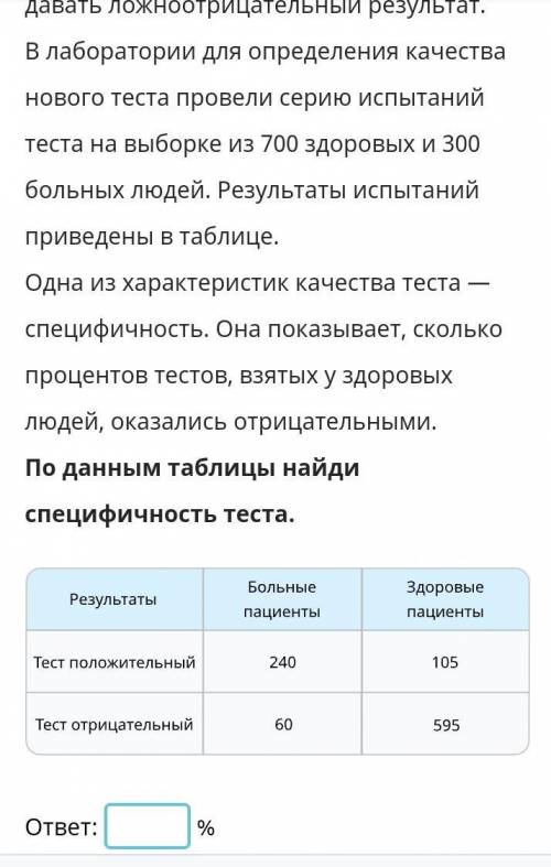 По данным таблицы найди специфичность теста. (я не знаю как это делать) ​