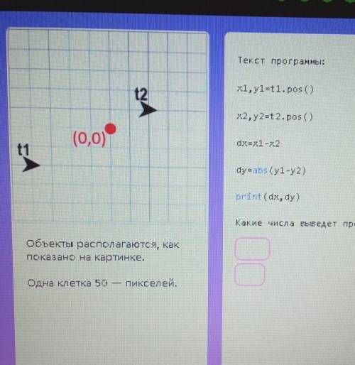 Текст программы: x1, y1=t1.pos ()t2x2, y2=t2. pos ( )(0,0)dx=x1-x2dy = abs (y1-y2)print (dx, dy)Каки