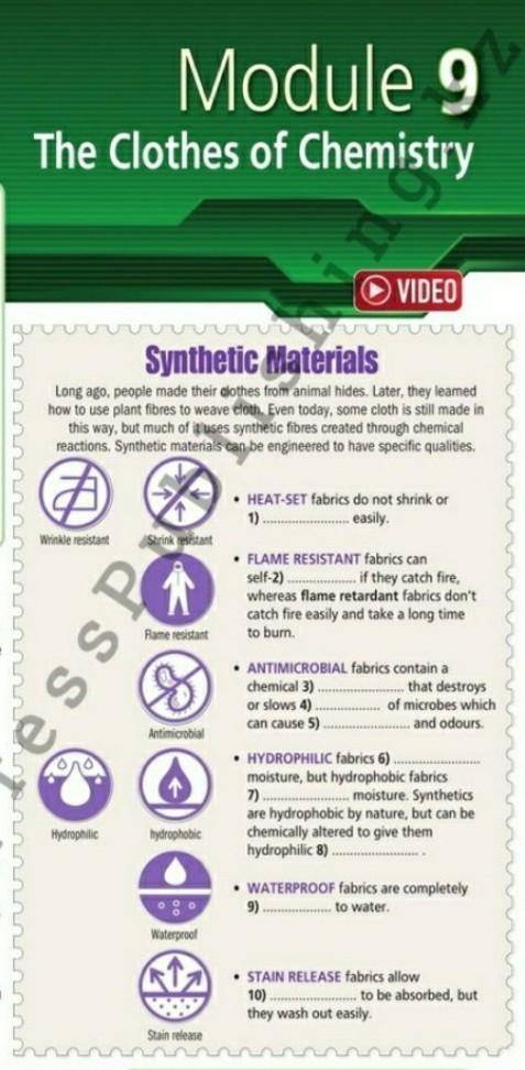 Read the text and fill in: extinguish, mould, resistant, absorb, wrinkle, properties, repel, substan