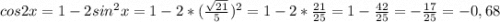 cos2x=1-2sin^{2}x = 1-2*(\frac{\sqrt{21}}{5})^{2}=1-2*\frac{21}{25}=1-\frac{42}{25}=-\frac{17}{25}=-0,68