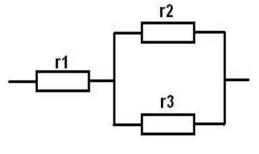 Известны номиналы сопротивлений, соединенных смешанно: R1=15 Ом, R2=36 Ом, R3=22 Ом. Вычислить общее