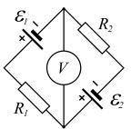 На схеме ε₁=ε₂=110B, R₁ =R₂= 200 Ом, сопротивление вольтметра 1000 Ом. Найти напряжение, которое пок