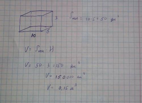Найди объём прямоугольного параллелепипеда, если длина сторон прямоугольника в основании равна 5 дм