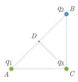 Три точечных заряда (q1=2мкКл, q2=-1мкКл, q3=8мкКл) закреплены в вершинах равнобедренного прямоуголь